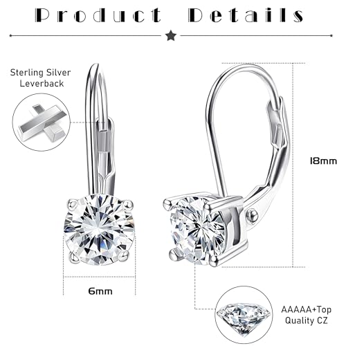 Milacolato 925 Sterling Silver Leverback Earrings 18K Gold Plated Hypoallergenic Dangle Drop Earrings 6MM Round-Cut Cubic Zirconia Leverback Earrings for Women2