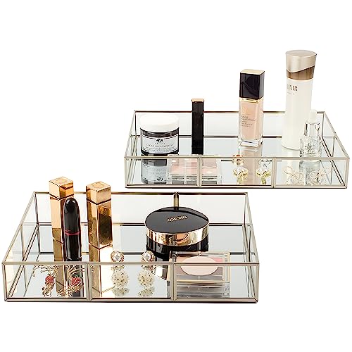 EQEY Perfume Vanity Tray With Metal Frame, Gold Bathroom Decorative Tray for Dresser, Jewelry or Home Decoration 2 Pcs (L+S)