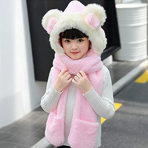 Girls Cute Bowknot Hooded Scarf Versatile 3-in-1 Winter Warm Hat with Scarf Pocket Gloves2