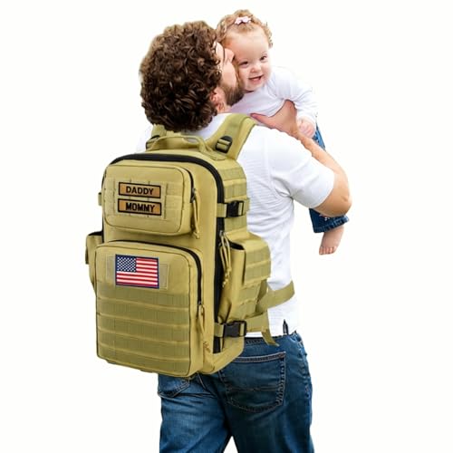 Image of SHARKMOUTH Military Diaper Bag for Dad - Insulated Baby Diaper Backpack with Patches for Hiking Travel Camping - Baby Shower Gifts Tan