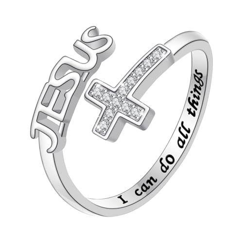 Flongo Anillo Cruz Jesús Mujer: Regalos Únicos de Joyería Cristiana para Mujeres - I Can Do All Things Grabado con Incrustaciones de Circonita Apertura Ajustable