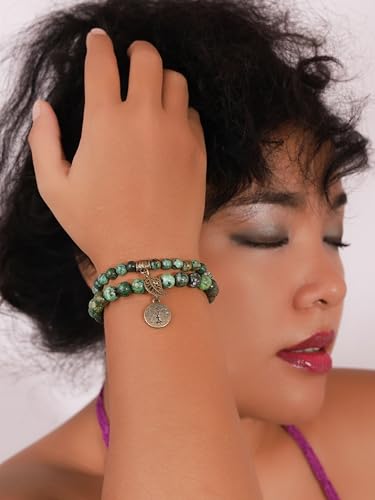 MINACHI Bohemian Beaded Bracelet Set, 2-Piece Layered, Created Stone with Leaf Tree Charm, Gift for Women2