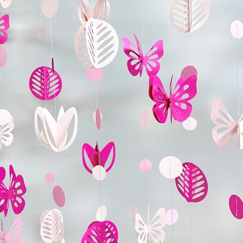 Image of Spring Party Decorations Hot Pink White 3D Butterfly Tulip Flower Leaf Circle Dot Garland Hanging Paper Streamer for Pink Spring Summer Wedding Engagement Bridal Shower Birthday Tea Party Supplies