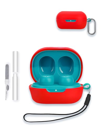 Case for JLab JBuds MiniTrue Wireless Earbuds, WUNIAK Soft Silicone Protective Portable Scratch Shock Resistant Shell with Cleaner Kit & Carabiner & Lanyard,Red