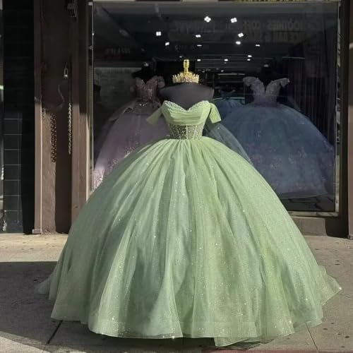 Beaded Tulle Quinceanera Dresses with Bow Puffy Off Shoulder Sweet 16 Dresses Sparkly Crystal Quince Dress with Train4
