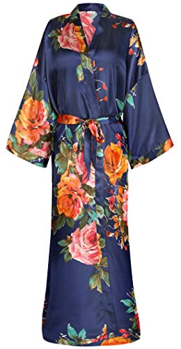 Women's Long Floral Satin Kimono Robes Bridal Dressing Gown Wedding Bridesmaid Nightgown Denim Blue