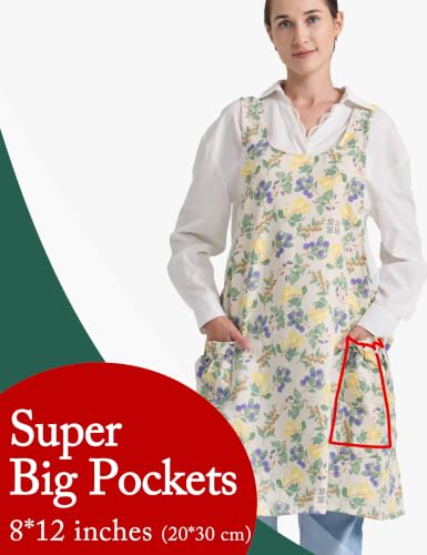 Image of Cozy Adjustable Cross Back Aprons for Women with Pockets Cotton Linen Cooking Kitchen Baking