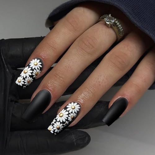 SEMATA Spring Black Acrylic Press on Nails Medium Long Square Nails Press ons Coffin Summer Glue on Fake Nail with White Daisy Designs Reusable Artificial Stick on False Nail for Women 24Pcs — view 2
