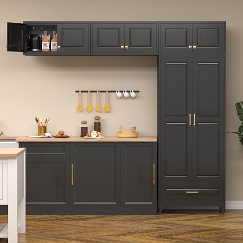 Image of Polup Kitchen Pantry Cabinet, 90 inch Tall Metal Storage Cabinet with Doors | Black Heavy-Duty Steel Cupboard, 5 Adjustable Shelves, Magnetic Latch, Gold Handles, for Dining Living Room, Laundry, Garage