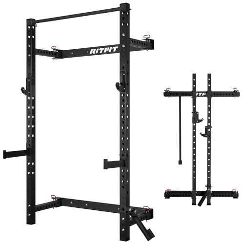 RitFit Multi-Functional Folding Squat Rack for Home Gym, 2.36'' x 2.36'' Wall Mounted Squat Rack with Attachments - Space Saving Squat Power Rack, Black