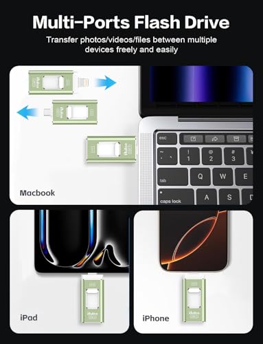 Image of Gulloe 256GB Dual Interface Flash Drive for Phone Storage Photos Videos, Phone USB Backup External Photo Memory Stick - No App Required, Compatible with iPhone, iPad, Android & PC (Sage Green)