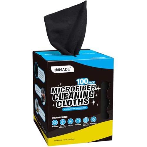 Image of UNIMADE Microfiber Cleaning Cloth, 100 Sheets Microfiber Towels for Cars | Commercial Grade Washcloths Lint-Free Bulk Shop Towel Cleaning Rags for Mechanic Garage Housekeeping, 11 inchx 9 inch, Black