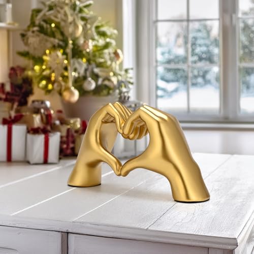 Estatua de manos en corazón decorativa en resina dorada miniatura 7