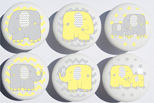Yellow Elephant Drawer Pulls Jungle Safari Elephant Nursery Decor Ceramic Cabinet Drawer Knobs, 6 Set (Yellow Elephants)