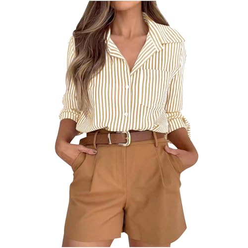 Camisa a rayas para mujer, de manga larga, elegante, cuello en V, con botones, con bolsillo, ajuste clásico, casual, trabajo, negocios, oficina, cuello, 01-amarillo, L
