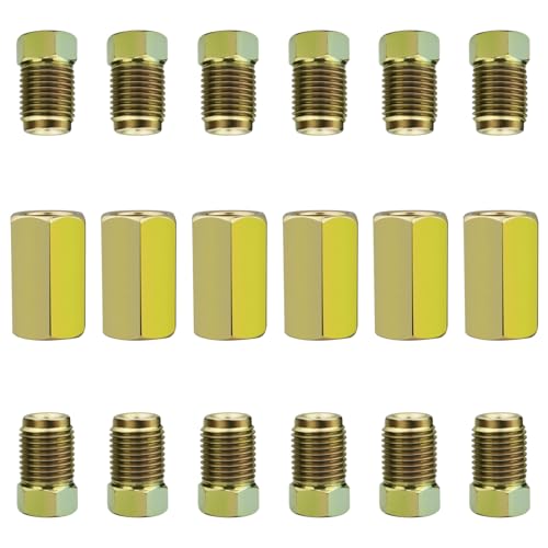 TUBPRO 6 Sets of 3/16” Brake Line Tubing Unions (Connectors) with 12 Nuts (3/8 – 24 Threads), Brake Line Fittings Tool Kit for Automotive & Motorcycle Repairs