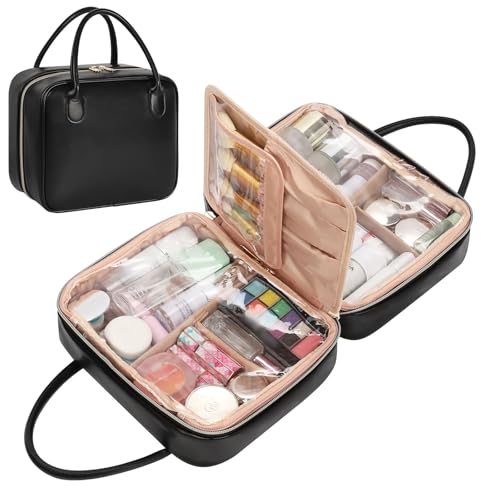 onemoky Travel Makeup Bag Large Capacity Cosmetic Bag Portable Make Up Bag Organizer for Women Waterproof Cosmetic Travel Bag with Dividers and Brush Compartment for Cosmetics & Toiletries