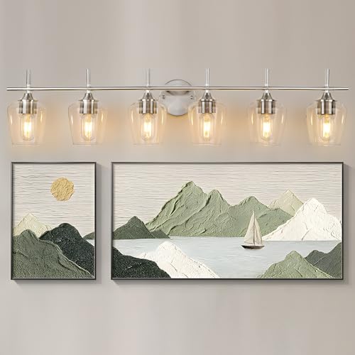 Image of foucasal Vanity Light for Bathroom, 6-Light Brushed Nickel Modern Bathroom Vanity Lighting Over Mirror with Clear Wine Glass Shade Wall Lamp for Bedroom Hallway Living Room
