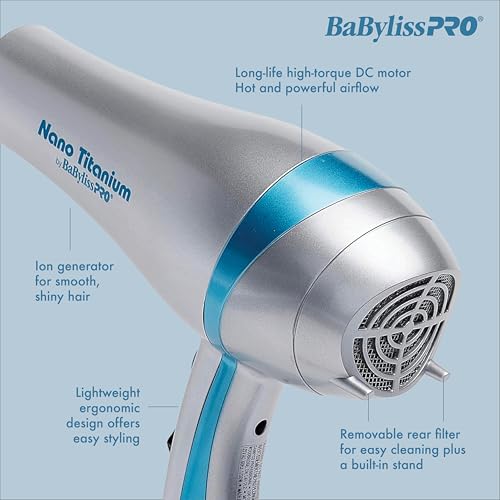 BaBylissPRO Nano Titanium Hairdryer, Ionic and Ceramic Blowdryer with 2 speeds, 3 heat settings and a built-in stand, 1700 Watts for Efficient Hair Drying
