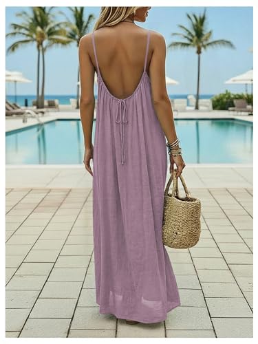 Image of SHENHE Women's Open Back Spaghetti Strap Beach Maxi Dress Loose Flowy Vacation Sundress