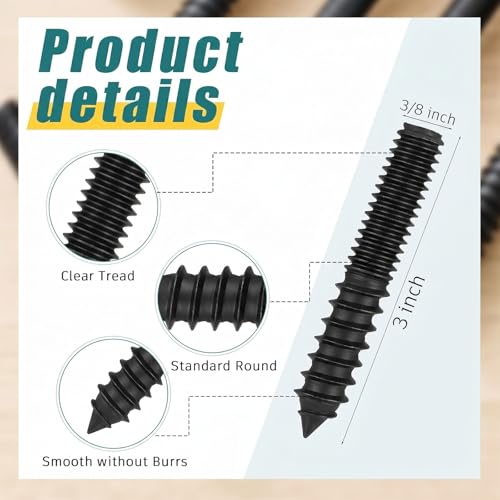 Image of Hicarer 50 Pack 3 /8-16 x 3 Inch Hanger Bolts Double Headed Bolts with Driver Self Tapping Screw Threaded Rod Screws for Furniture Double Headed for Wood Furniture Joint, Black