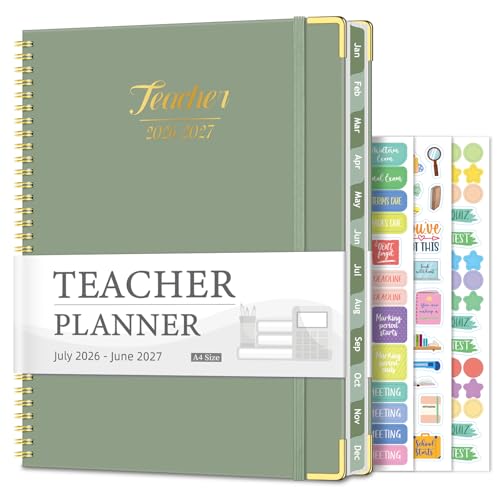 Teacher Planner 2026-2027, Jul 2026-Jun 2027 Academic Year, 8.5" x 11" Lesson Planner Book for Teachers Calendar, Spiral Bound Planners, Colorful Monthly Tabs, Hardcover, Corner Protectors - Green
