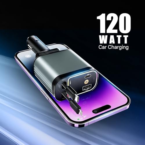 Image of Humble 120w car Charger with Starry Lights, 4-in-1 Retractable Car Phone Charger with Dual Cables (Type C & Lightning) + USB-A & Type C Ports Compatible with iPhone 17 /16 /15 /14 /13, Samsung, Android