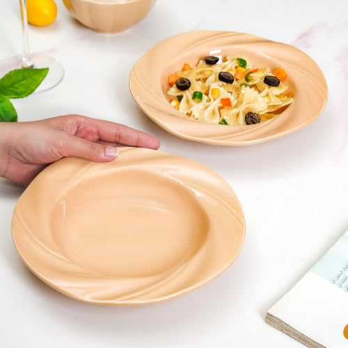 Image of Nestasia Ceramic Pasta Plates Set of 2 (300ml Each) | Microwave & Dishwasher Safe Serving Plate with Flared Rim Whirlwind Design - Ideal for Serving Pasta, Maggie & Noodles (Novelle Peach)