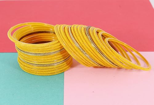 Image of NMII Glass Bangles For Women and Girls with Velvet and Golden Ballchain Linked | Plain Glass Bangles | Velvet Chudi Set | Bangles For Women | Stylish Glass Chudi Bangles- Set of 28