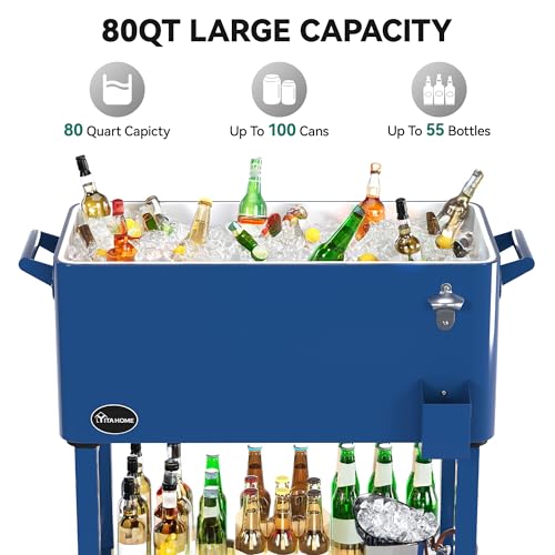 Image of YITAHOME 80 Quart Rolling Cooler Cart with Bottle Opener Drainage, Portable Wicker Patio Cooler Rolling on Wheels, Outdoor Beverage Cart Rolling Drink Cooler for Patio Pool Deck Party Cookouts