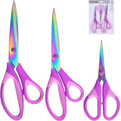Houbobo Scissors All Purpose 3 Pack，Premium Titanium-Coated Stainless Steel Blade Shears, Professional Ergonomic Comfort Grip for Office School Home Fabric Sewing DIY Craft Cutting General Use, Purple