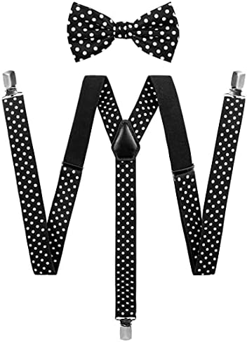 TIE G Solid Color Men's Suspender + Woven Bow Tie Set for Wedding : Vivid Color, Adjustable Brace, Strong Enhanced Clip, Elastic Band (Dots Black)