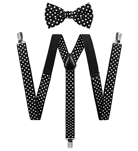 Tie G Solid Color Men's Suspender + Woven Bow Tie Set For Wedding : Vivid Color, Adjustable Brace, Strong Enhanced Clip, Elastic Band (Dots Black) #TOP26