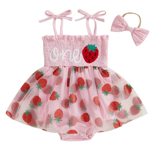 Baby Girl First Birthday Outfit Sleeveless Romper Dress Strawberry Ruffle Tulle Tutu Headband Cake Smash Clothes (Pink, 6-12 Months)