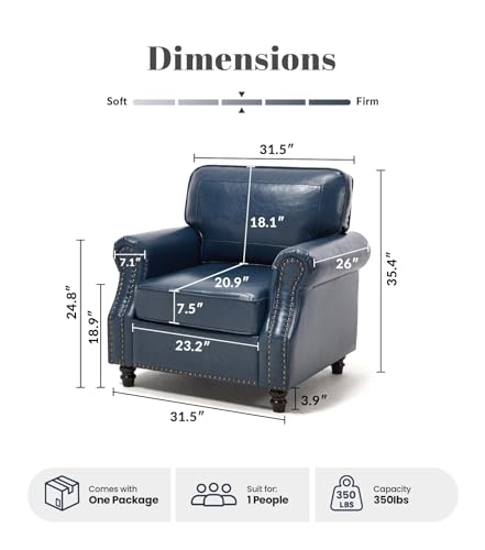 Image of Kingfun Loveseat 2 Seater Couch with Chair, Mid Century Modern Faux Leather Sofa Set with Rolled Arms and Deep Seats, Fluffy Comfort for Living Room, Apartment, Easy Assembly, Blue