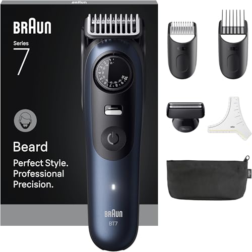Braun Barbero Trimmer Series 7, Cortapelos eléctrico para hombre con 6 accesorios, hoja ProBlade ultraafilada, duración de batería de 120 min, afeitadora de barba inalámbrica, 40 longitudes
