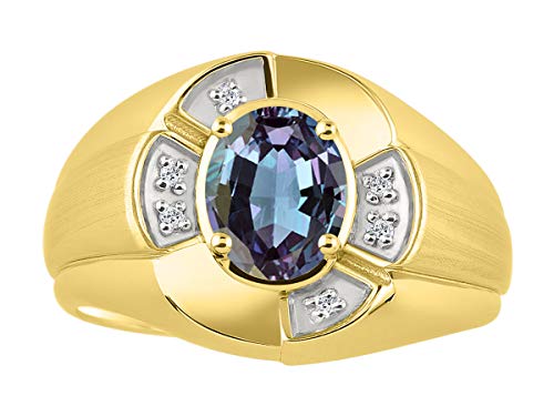 Image of Rylos Yellow Gold Plated Silver Men's & or Ladies Ring with 8X6MM Oval Gemstone & Diamonds - Unisex Color Stone Birthstone Ring Sizes 7-13