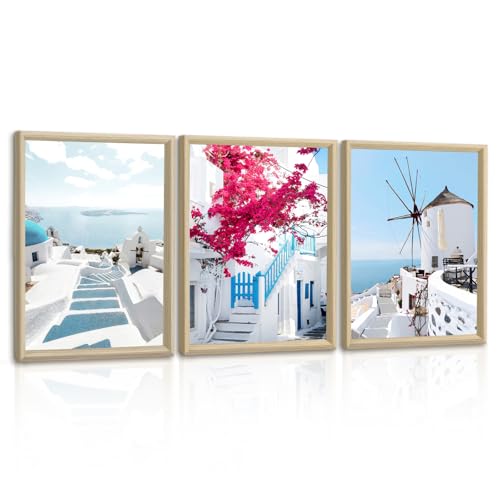 3Pcs Griego Isla Paisaje Urbano Cuadros Decorativos Salon Con Marco, Azul Santorini Mar Egeo de Madera Cuadros Modernos Lienzo Campanario Flor Cuadro y Láminas Murales Decor pared Dormitorio 30x40cmx3