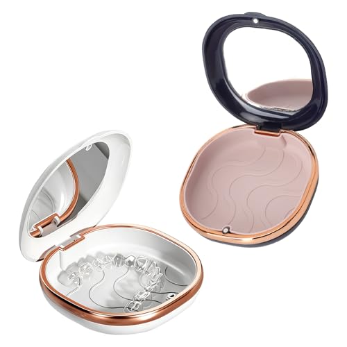 FIUTEKO 2 Piezas Caja para Aparato Dental con Espejo,Estuche Retenedor e Invisalign Caja para Férula Dental con Almohadilla de Silicona Extraíble para Prótesis Dentales y Protector Bucal Portátil