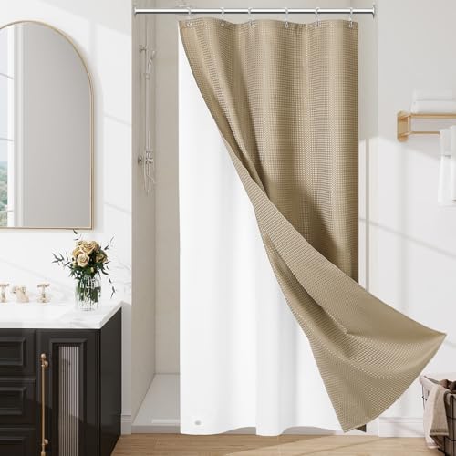 3 in 1 Light Brown Shower Curtain Set with PEVA Liner & 6 Hooks, 36 x 72