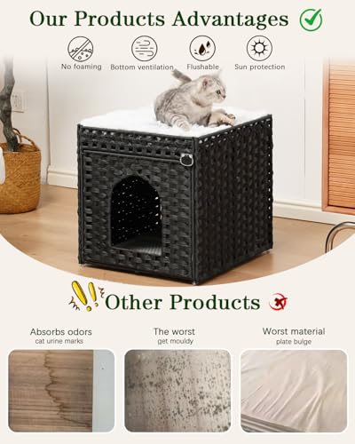 Image of SETVSON Cat Litter Box Enclosure Furniture, Hidden PE Rattan, Black | PE Rattan Kitty House with Top Fence, Fits Standard Litter Box, Included Litter Mat, 2 S-Hooks, Sturdy Metal Frame