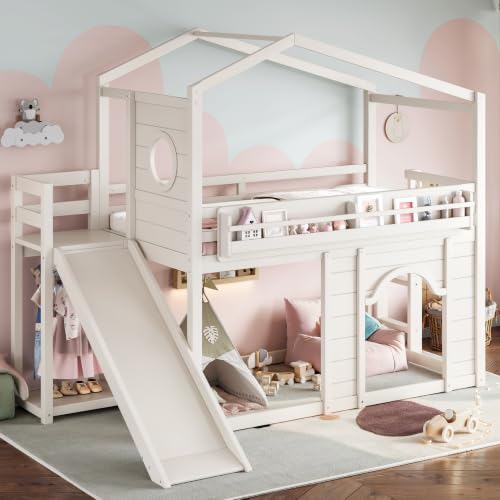 Image of Bellemave Bunk beds Twin Over Twin with Slide,Bookshelf and Wardrobe House roof Design, Low bunk /loft Bed for Kids,Beige