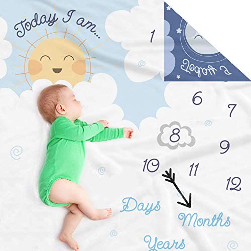 Image of Double Sided Monthly Baby Milestone Blanket- Month Blanket for Baby Pictures | Photo Blanket with Baby Photo Props | Monthly Blankets for Newborns | Baby Boy Girl Milestone Blanket (White and Blue)