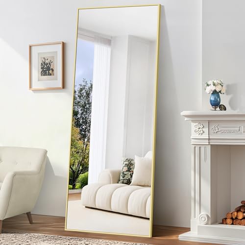 BONEWEI Espejo de Pie 179 x 65 cm, Espejo Rectángulo de Cuerpo Entero con Marco de Aluminio Dorado, Espejos Grandes de Pared Inclinado o Colgante para Salón, Dormitorio, Entrada