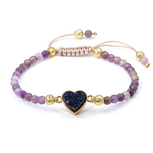 Top Plaza ATPUS69404 Womens 4Mm Amethyst Beads Chakra Healing Crystal Bracelet Gold Lava Rock Stone Adjustable Bracelets With Heart Shape Druzy Charm cover