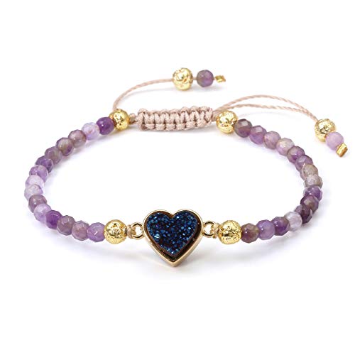 Top Plaza Womens Girls 4mm Amethyst Beads Chakra Healing Crystal Bracelet Gold Lava Rock Stone Adjustable Bracelets with Heart Shape Druzy Charm