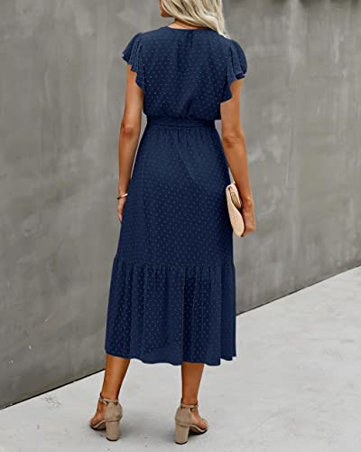 Image of BTFBM Women Summer Bohemian Floral Casual Wrap V Neck Ruffle Cap Sleeveless Belt A-Line Pleated Hem Midi Sun Dress White