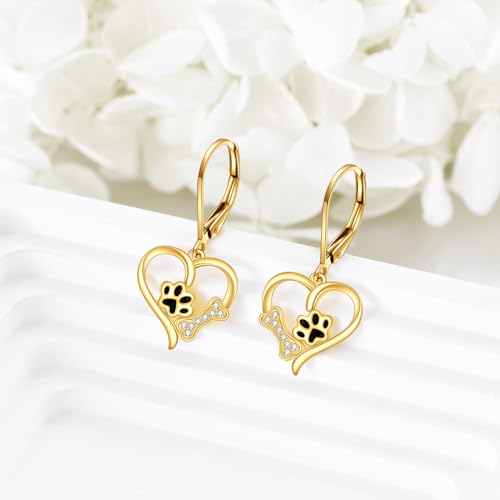 14k Real Gold Paw Print Earrings Hypoallergenic Heart Dangle Leverback Earring Dog Cat Lovers Jewelry Birthday Gifts for Women Teen Girls4