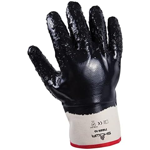 SHOWA 7166R-10 Fully Coated Nitrile Glove, Rough Grip, Cotton Jersey Liner, General Purpose Work, Reinforced Safety Cuff, Large (Pack of 12 Pairs), Navy Cover