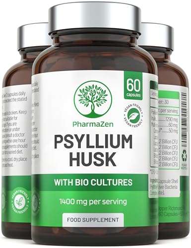 Psyllium Husks Capsules with Probiotics - High Fibre Supplement 1400mg - Soluble Fiber Tablets High Strength - 60 Capsules - Pure Psyllium Husk & 6B Acidophilus Probiotic Complex for Digestive Support